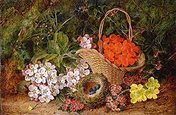 Basket of Primula Flowers & a Bird\'s Nest - George Clare