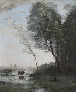 Paysanne gardant une vache au bord de l\'eau - Jean Baptiste Camille Corot